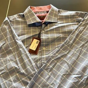 NWT Mens button down cotton shirt by James Tattersall. Size L blue/white